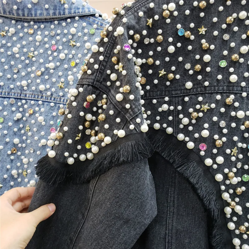 Chaquetas Mujer 2023 Autumn Streetwear Denim Jacket Women Hand-studded Pearls Punk Tassel Veste Femme Loose Short Jeans Coats