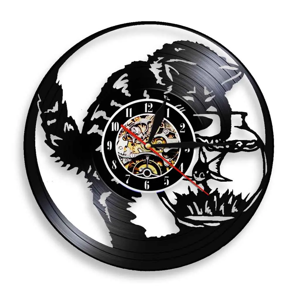 Cat Fishing in Fishbowl Vinyl LP Record Wall Clock Black Cat Fish Catcher Vintage 12