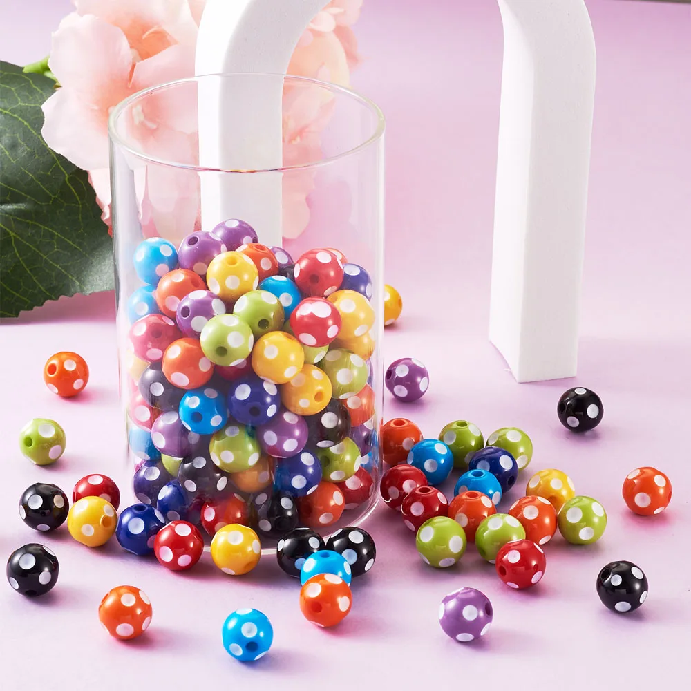 80-160pcs Resin Beads with Polka Dot Pattern Round Spacer Beads Chunky Bubblegum Balls for Jewelry Making DIY Earrings Bracelets