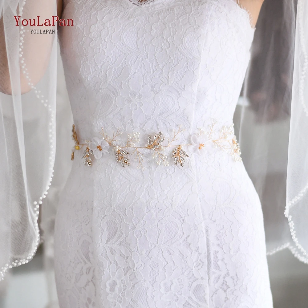 

YouLaPan Wedding Flower Belt Golden Leaves Bridal Belt Crystal Pearl Wedding Sash Belt for the Bride Pearl Leaf Flower Sash SH72