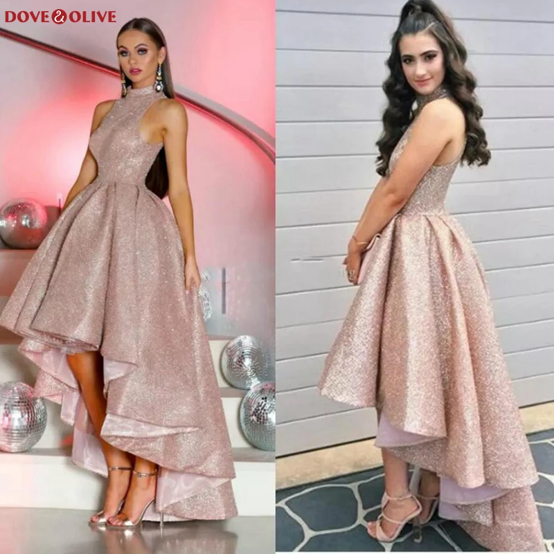 Vestidos de graduación de oro rosa para mujer, sin mangas, cuello Halter, Frente corto, espalda larga, fiesta Formal, vestidos de cóctel Sexy, vestido de gala 2024