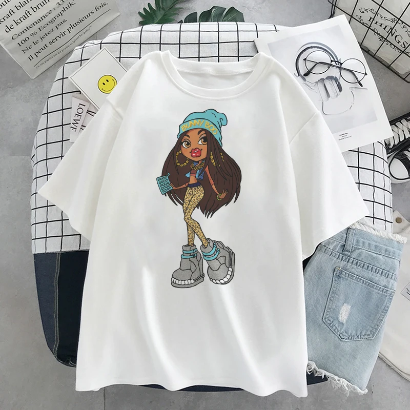 Camisetas femininas com letras Bratz, tops casuais, moda Harajuku, estampa de manga curta, streetwear gráfico Y2k, grandes dimensões, verão, novo