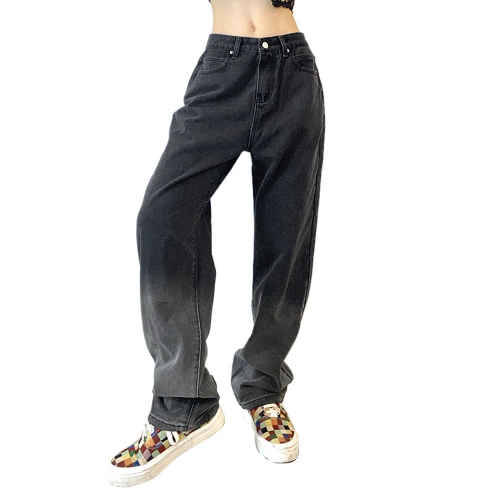 Nice Pop Women's Denim Pants, Middle-Waist Trousers, Gradient Color Party Dance Club Loose Fall Running Side Pocket Bottoms