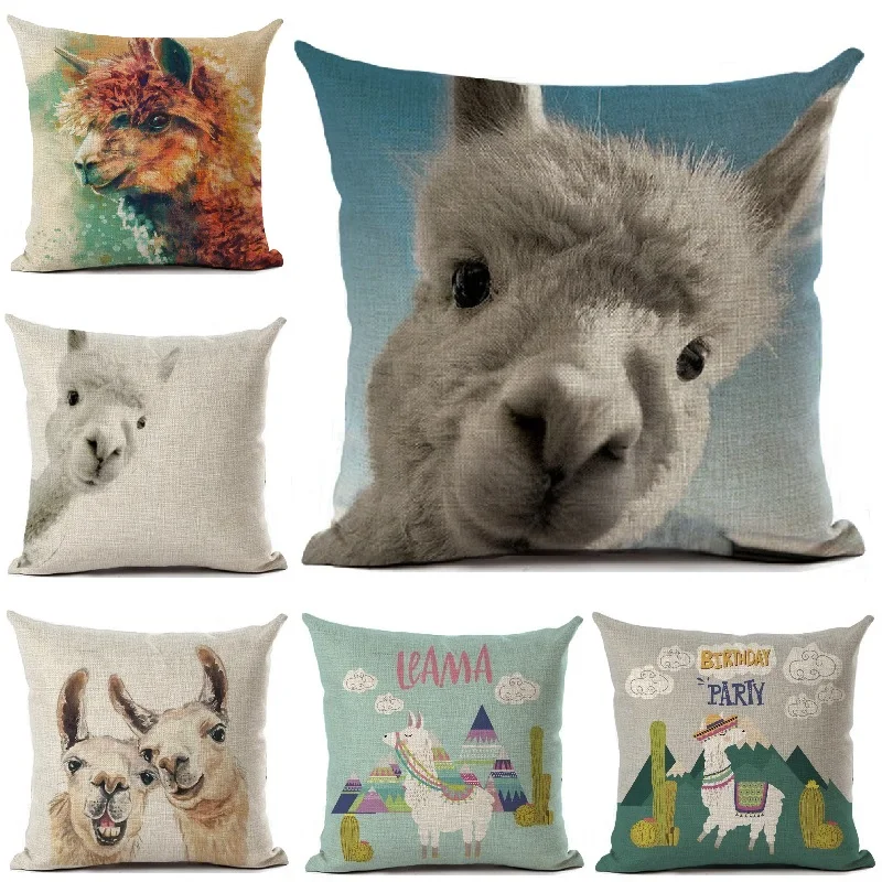 Llama Cushion Cover Funny Alpaca Printed Linen Pillow Cover Car Sofa Throw Pillows Decorative Pillowcase 45*45cm