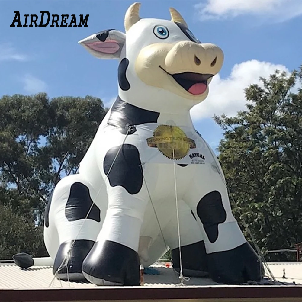 Outdoor sitting oxford inflatable holy cow caroon mascot with brand name for roof top promotion