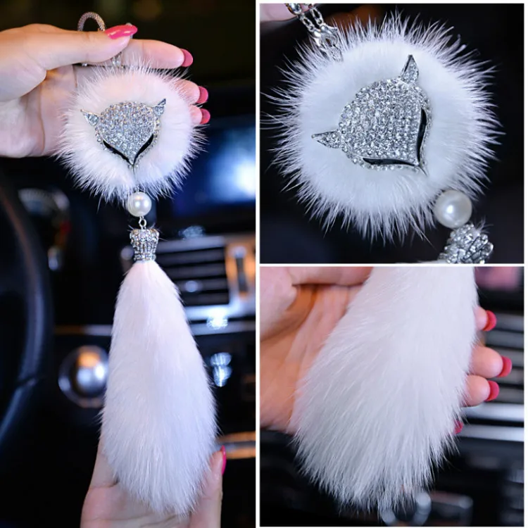 MR TEA Car Pendant Otter Fox Fur Decoration Cartoon Diamond Animal Auto Rearview Mirror Hanging Suspension Ornaments for girl