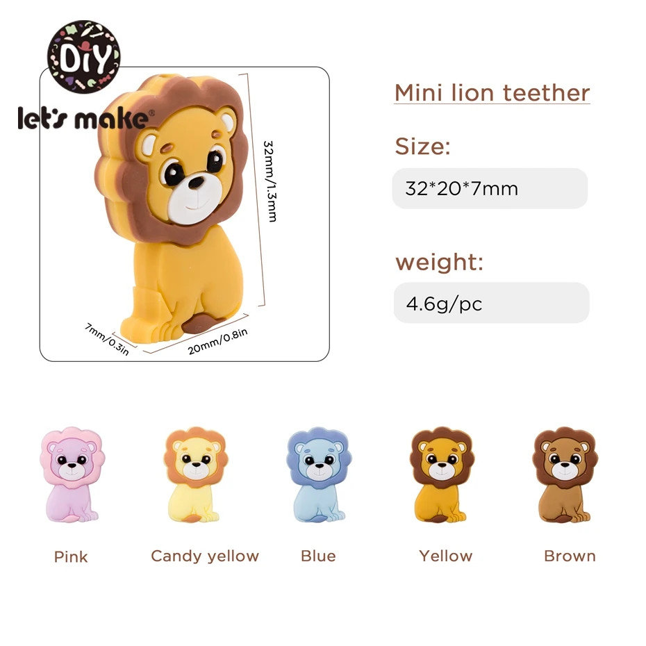 Let\'s Make 5pc Baby Silicone Teether Beads Cartoon Lion Teething Toys Baby Diy Accessories Shower Gifts Baby Teether