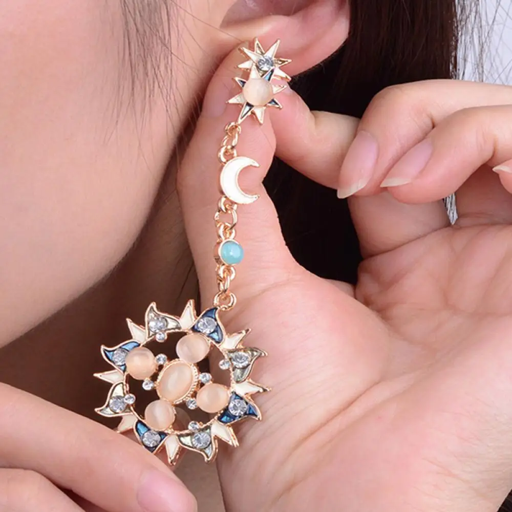 New Fashion Gold Star Sun God & Moon Crystal Rhinestone Stud Dangle Earrings Jewelry Gift Long Tassel Earrings Ear Drop Earrings