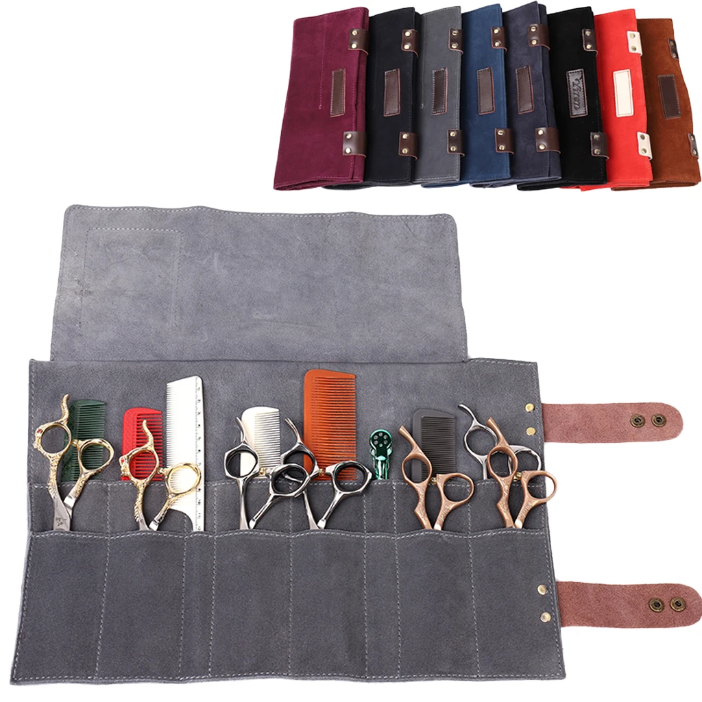 Leather Salon Barber Pure Color Roll Up Scissor Shear Holder Pouch Case Bag Hairdresser Handbag