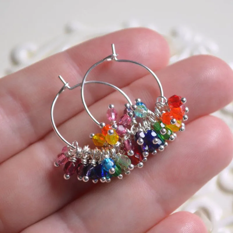 Rainbow Hoop Earrings, Silver, Czech Glass Beads, Beaded Cluster, Small Silver Plated Hoops, Bright and Fun, Colorful Jewelry