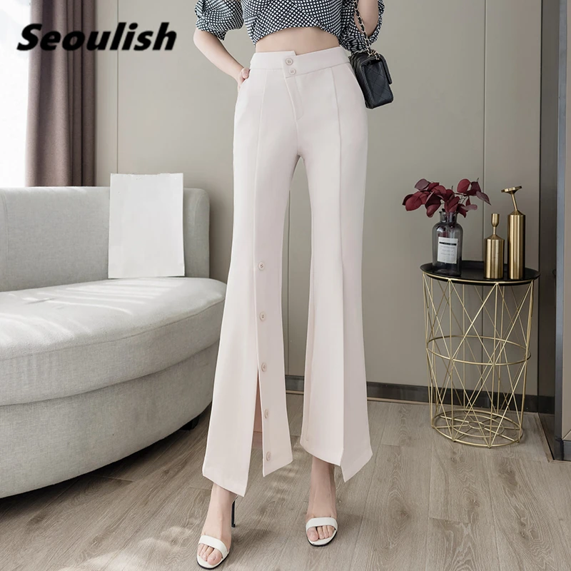 

Seoulish 2021 New Formal Women's Flare Pants Spring Summer Buttons Front Split High Waist Female Workwear Elegant Trouses