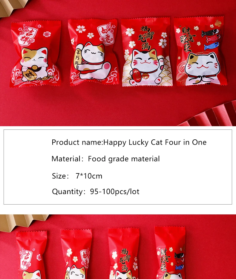 100pcs/lot Snowflake Crispy Creative Cartoon Red Holiday Lucky Cat Pattern Celebrate Cookies Snack Food Packaging Bag Pack Bags