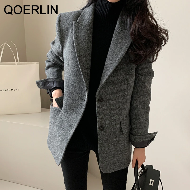 QOERLIN 10% Wool Blazer Coat Autumn Winter Women Elegant Single-Breasted Pocket Office Wear Notched Collar Thick Blazer Coat