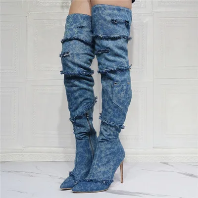 

Over The Knee Winter Warm Boots Women Thin High Heel Botas Mujer Platform Denim Boot Strap Jean Shoes Woman Plus Size 47