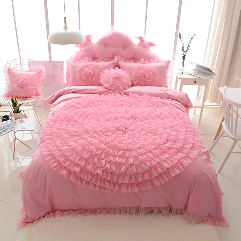 

Pink Big Lace Flowers Bedding Set, Korean Princess Wedding, Solid Duvet Cover, Bedspreads, Bed Skirt,Pillowcases, Cotton, Luxury