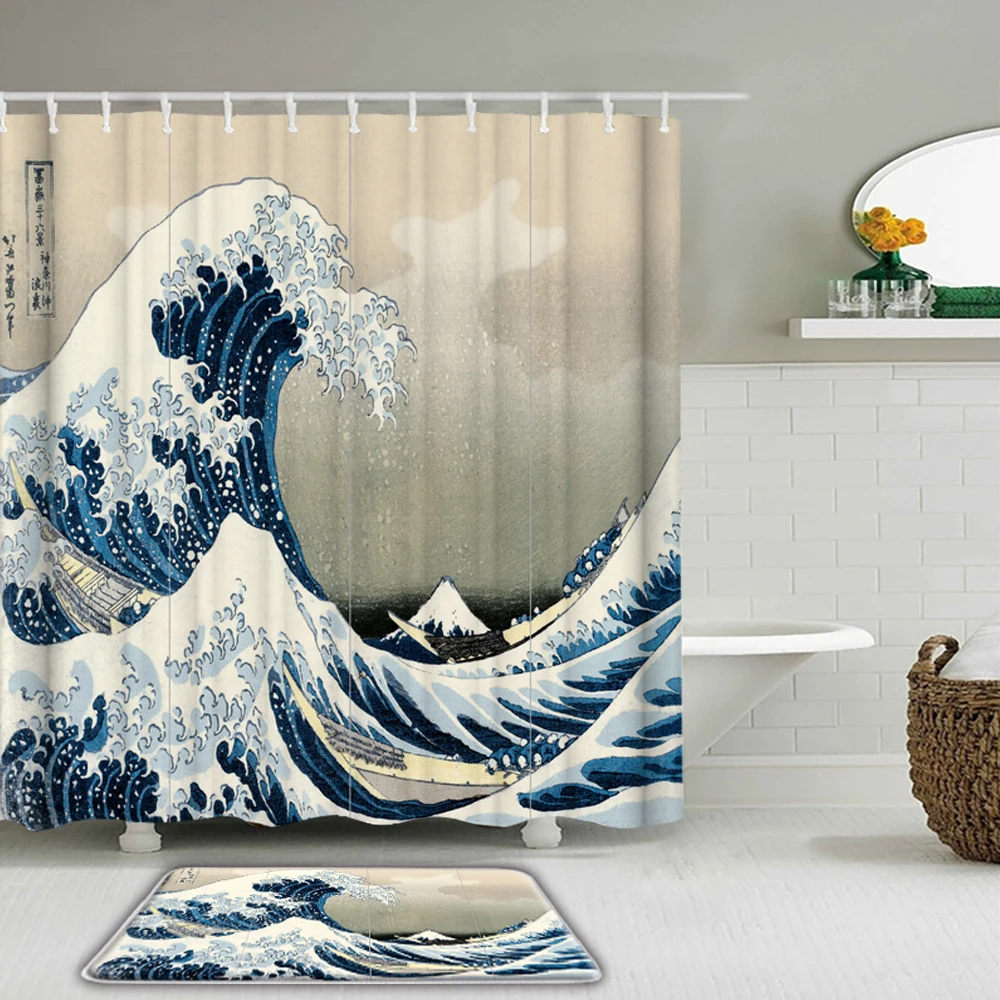 Kanagawa Sea Waves Mount Fuji 3D Printed Fabric Shower Curtains Waterproof Bathroom Curtain Set With Non-Slip Rug Bath Mat