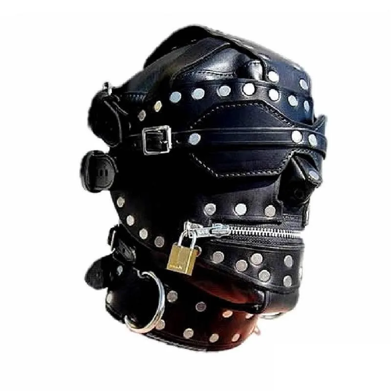 Verworrene Metall Stud SM Bondage Leder Haube Zipper Vollen Kopf Harness mit Abnehmbare Augenbinde Gothic Fetisch Kostüm