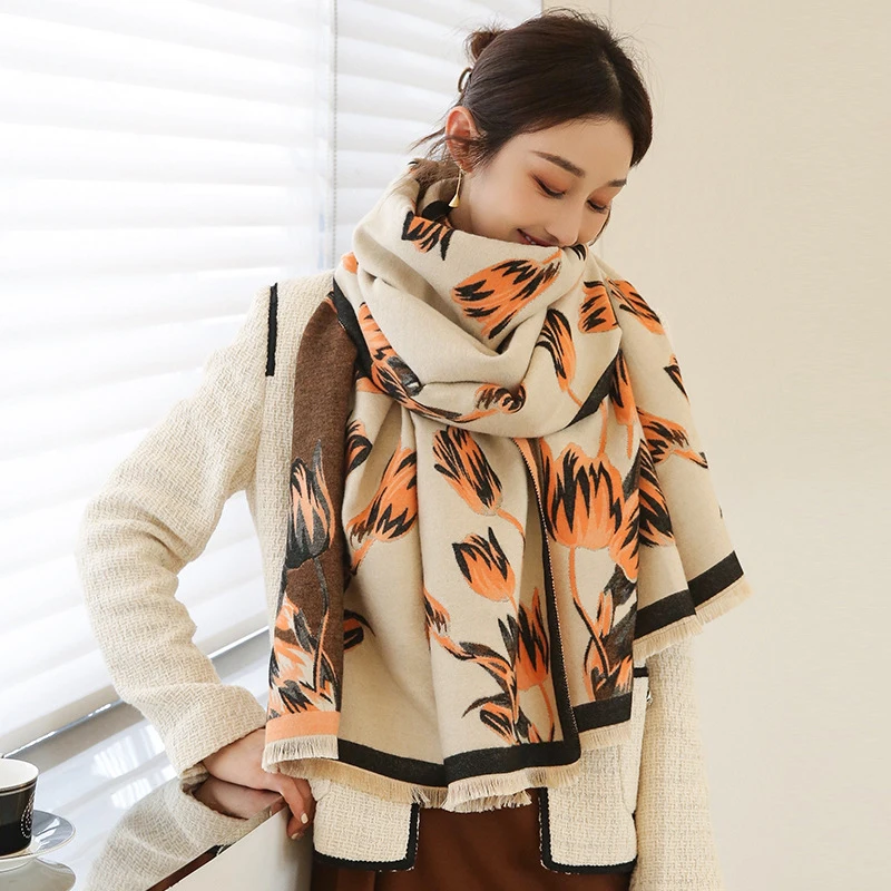 

Fashion Imitation Cashmere Women Vintage Elegant Print Scarf Wild Winter Warm Shawl Long Wrap Sweet Tassel Female Thick Blanket