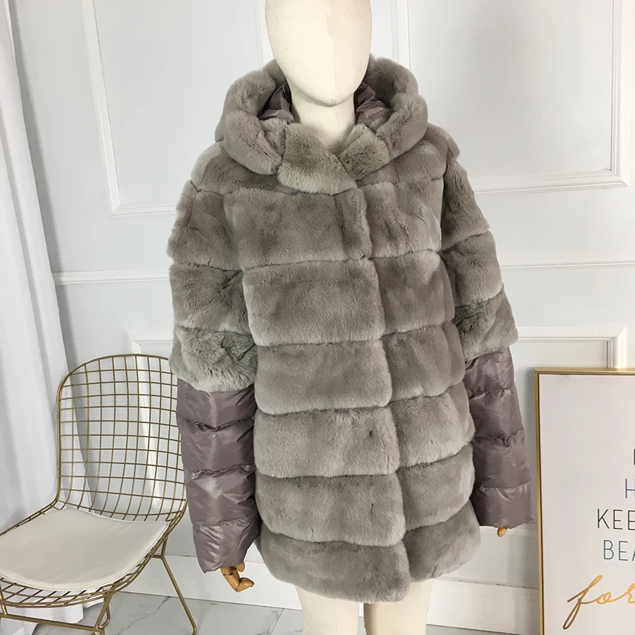 Genuine Rabbit Fur Coat Winter Fur Coats With Hood Real Fur Jacket Luxury Rabbit Fur Jackets With Down Sleeve Best Selling