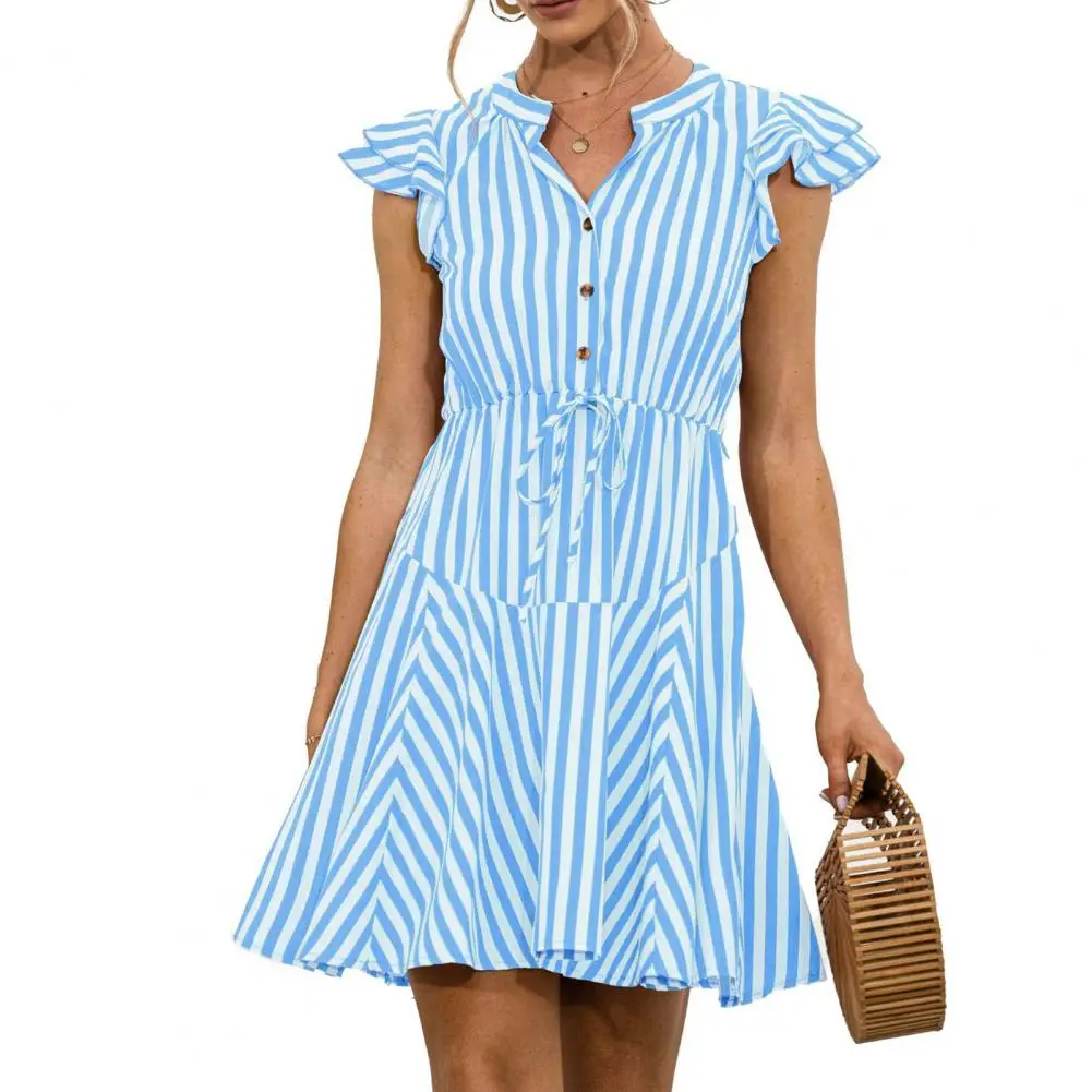 Summer Female Shirt Dress Half Placket Stripe Flying Sleeve V Neck Lace-up Waist Tied Mini Dresses for Women 2021