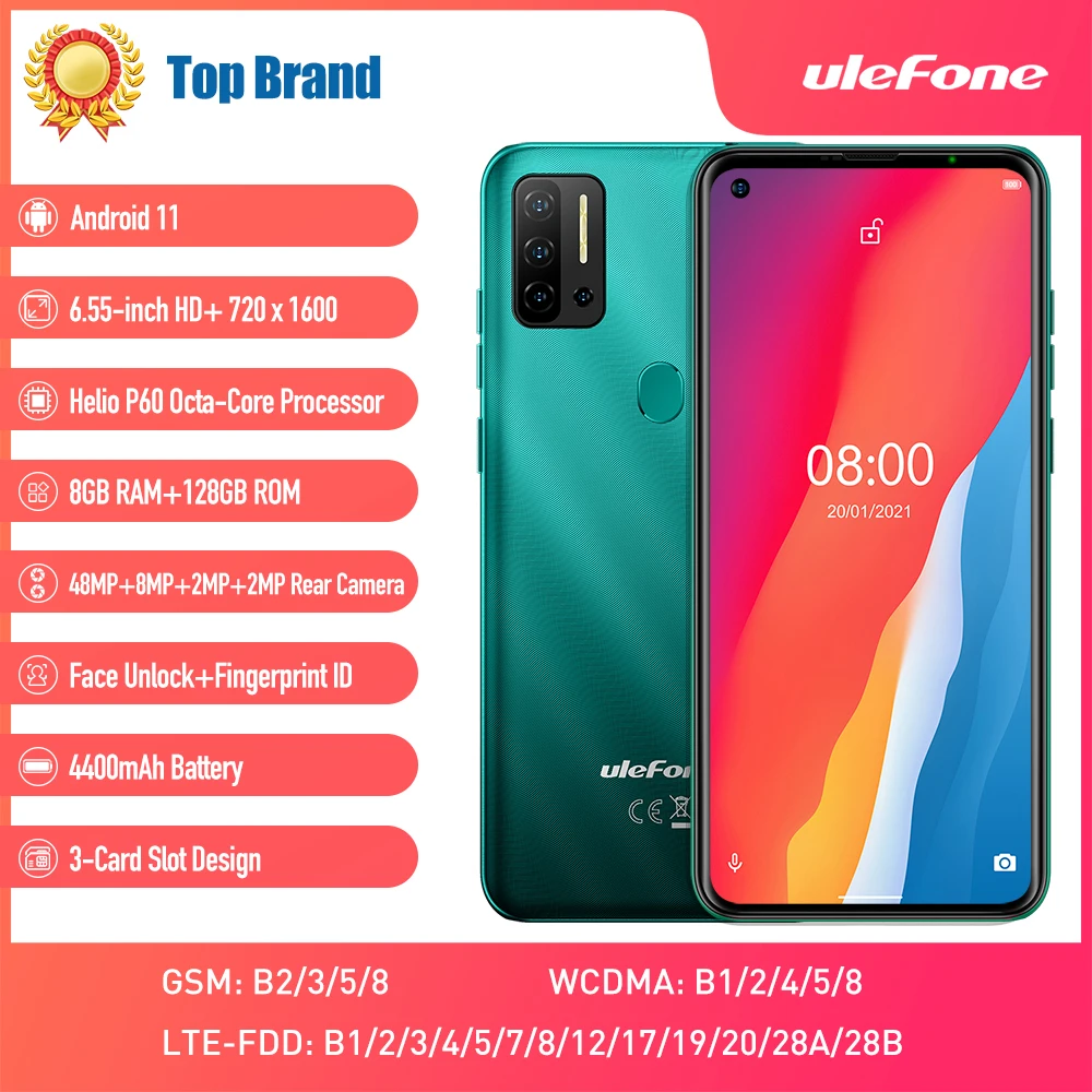 Ulefone Note 11P Smartphone 6.55-inch HD+ Helio P60 Processor Global Frequency Android 11 OS 8GB + 128GB  4400mAh Battery Phone