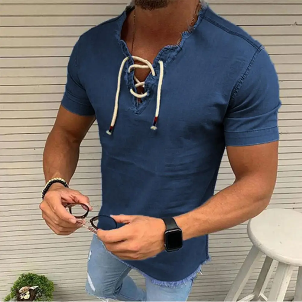 2021New Mens V-neck T-shirt hollow out Lace-up Shirt Casual short Sleeve Wash Vintage Denim Blouse Fitness Bodybuilding Tops Hot