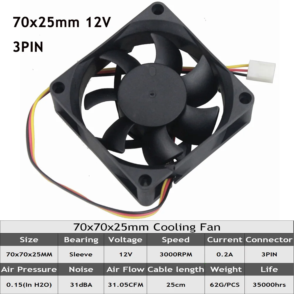 Gdstime 7CM 70MM 70x70x25mm 7025s 3Pin 12V DC Brushless Cooling Cooler Fan With FG Features For Computer Case Heatsink