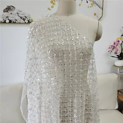 New Silver Plum Grid Beaded Embroidery Fabric Wedding Cheongsam Dress Lace Fabric DIY Handmade