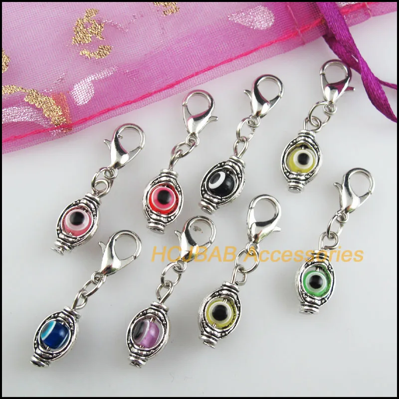 16Pcs Tibetan Silver Tone Oval Retro Mixed Eye Resin 8x16mm With Lobster Claw Clasps Charms