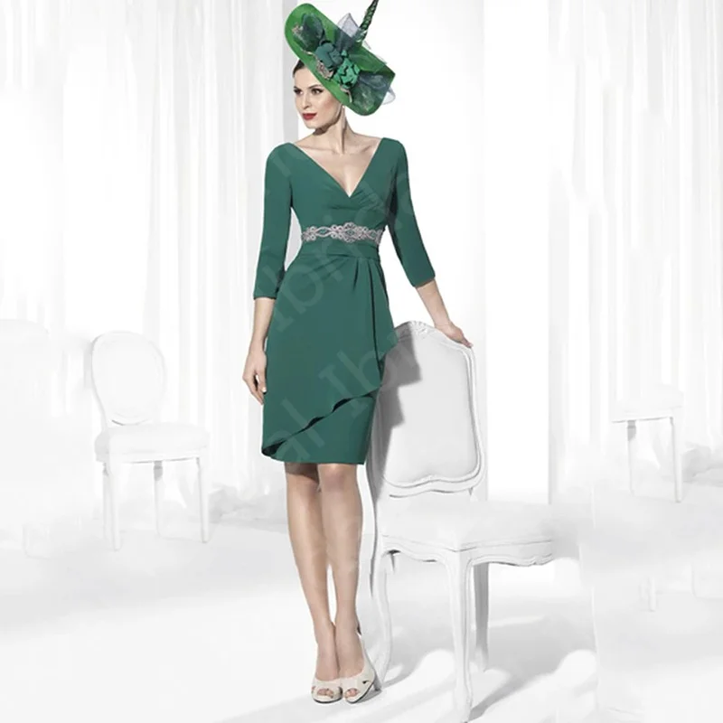 Vestidos cortos clásicos modernos para madre de la novia, color verde oscuro, escote en V, vestidos de invitados de boda con mangas 2021, cinturón con cuentas, 3/4