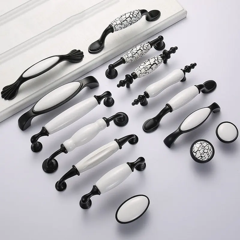 Black White Door Handles Rural Style Ceramic Drawer Pulls Crackle Kitchen Cabinet  and Knobs Furniture