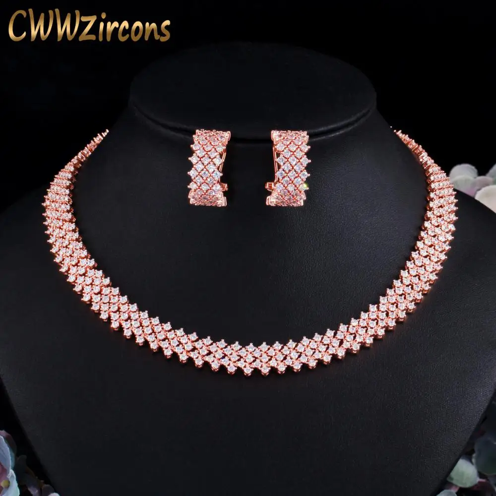 CWWZircons 5 Layers Gorgeous Cubic Zirconia Paved Rose Gold Color Women Round Big Necklace Earrings Jewelry Sets for Party T490