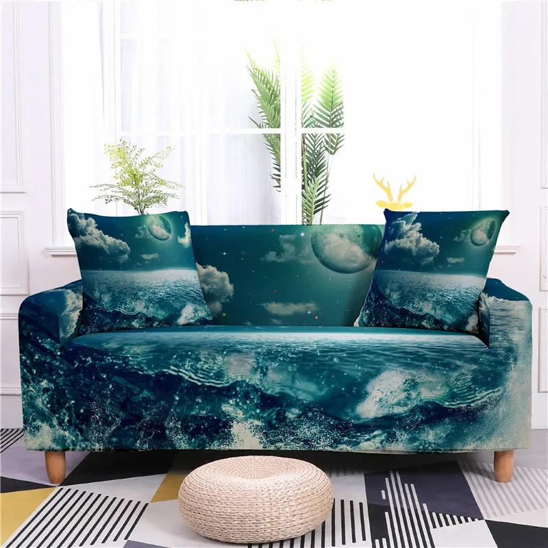 Sea View Beach Starfish Elastic Sofa Cover Stertch Couch Cover For Living Room Decor Slipcovers 1/2/3/4 Seater 3D Moon Sofa Case