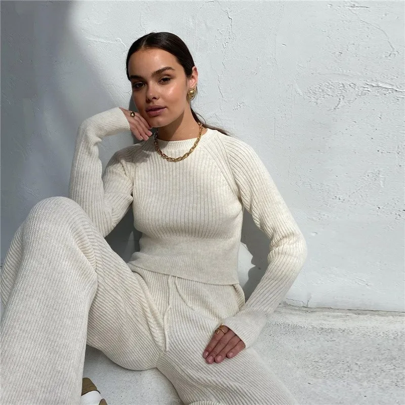 Women\'s Knitted Sweater Spring Autumn Two Piece Sets Casual Long Sleeve Round Neck Striped Suit Top+wide Leg Pants Outfits