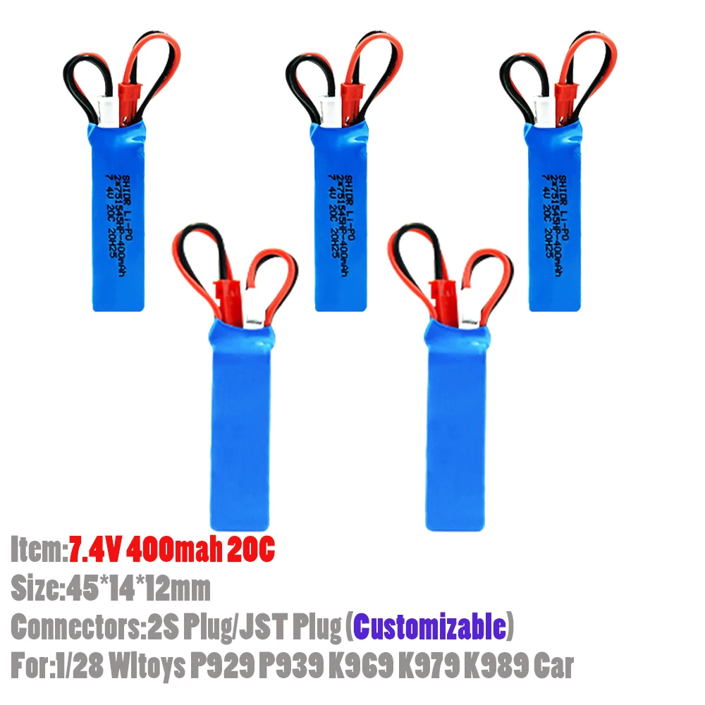 Batteria Lipo 3 pz/lotto 7.4v 400mah 20C Rc con connettori JST (personalizzabile) per auto RC Wltoys P929 P939 K969 K979 K989 giocattoli fai da te