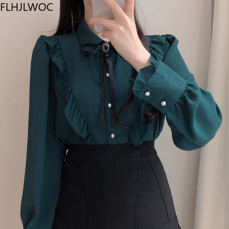 Vrouwen Ruches Leuke Vlinderdas Tops Preppy Stijl Vintage Japanse Korea Ontwerp Knop Elegante Formele Witte Shirts Blouses