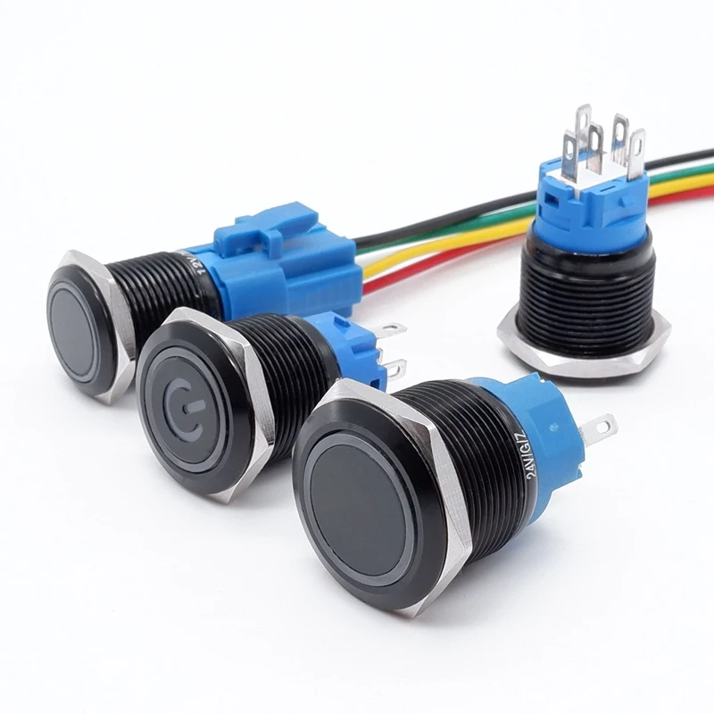 Black Push Button Switch Led Light 16/19/22mm Waterproof Illuminated  Metal Flat Latching Momentary with Power Mark 5V 12V 220V