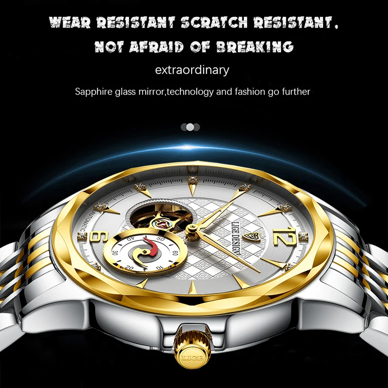 LIGE New Swiss Watch Men\'s Mechanical Automatic Hollow Watch Large Dial Waterproof Luminous 2021 New Men\'s Fashion Watch Luxury