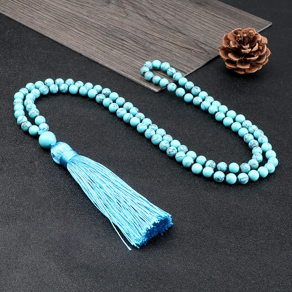 108Mala Natural Malachite Beads Necklace For Women Men Blue Pine Stone Black Onyx Prayer Tassel Necklace Meditation Yoga Jewelry