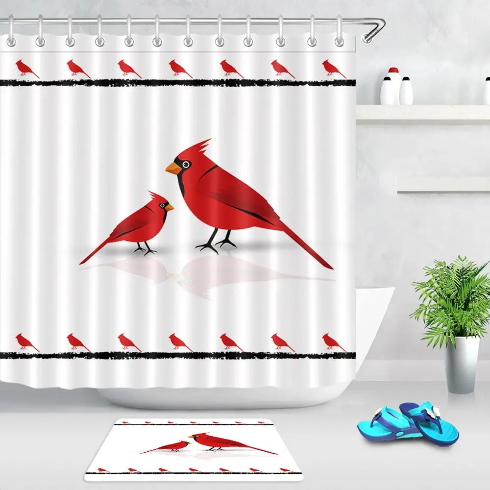 Cardinal Bird Shower Curtains for Bathroom Northern American Animal Red Bird Fabric Bathroom Shower Curtain Set with Hooks