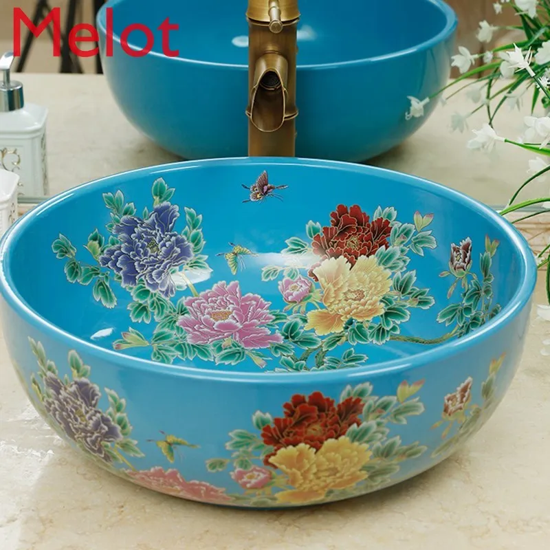 High-End Fashion Luxury Chinese Ceramic Carved Bathroom round Inter-Platform Basin Household Minimalist Art Wash Basin