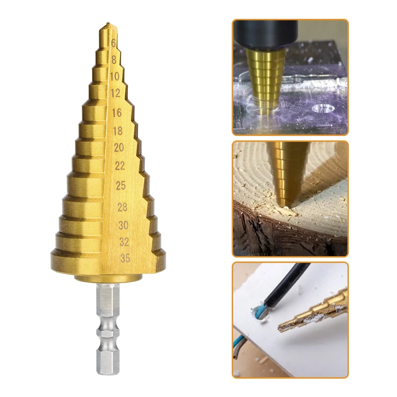 CMCP Step Cone Drill 4-22 6-35mm Step Drill Bit Hex Shank Titanium Coated Cone Drilling Tool HSS Steel Wood Metal Hole Cutter