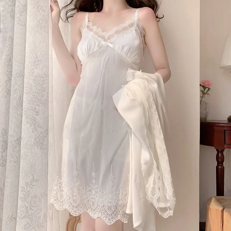 Pyjama de Style japonais doux pour filles, robe de nuit Sexy en dentelle avec ruban sur la poitrine, Cardigan blanc, costume d'été pour femmes