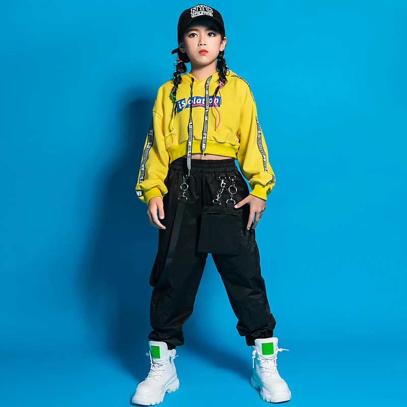 Jazzdanskostuum Meisjes Hip Hop Cothing Geel Tops Cargo Zwarte Broek Lange Mouw Hiphop Outfits Stage Performance Wear BL5967