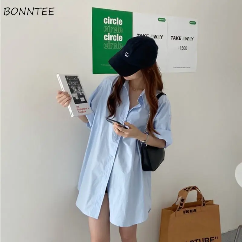 

Shirts Women Vintage Korean Style Summer Casual Loose Preppy Tops Fashion All-match Chic Solid Streetwear Simple Single Breasted