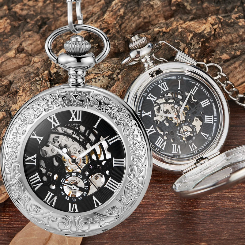 Steampunk Automatic Mechanical Skeleton Pocket Watches Men Women Sliver Luxury Brand Hand Wind Necklace Pocket & Fob Chain