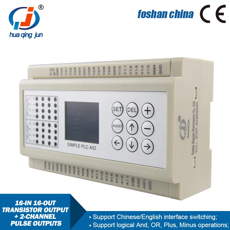 Huaqingjun 16-in 16-out Transistor Output 2-Channel Pulse Outputs PLC Controller for Stepper Motor