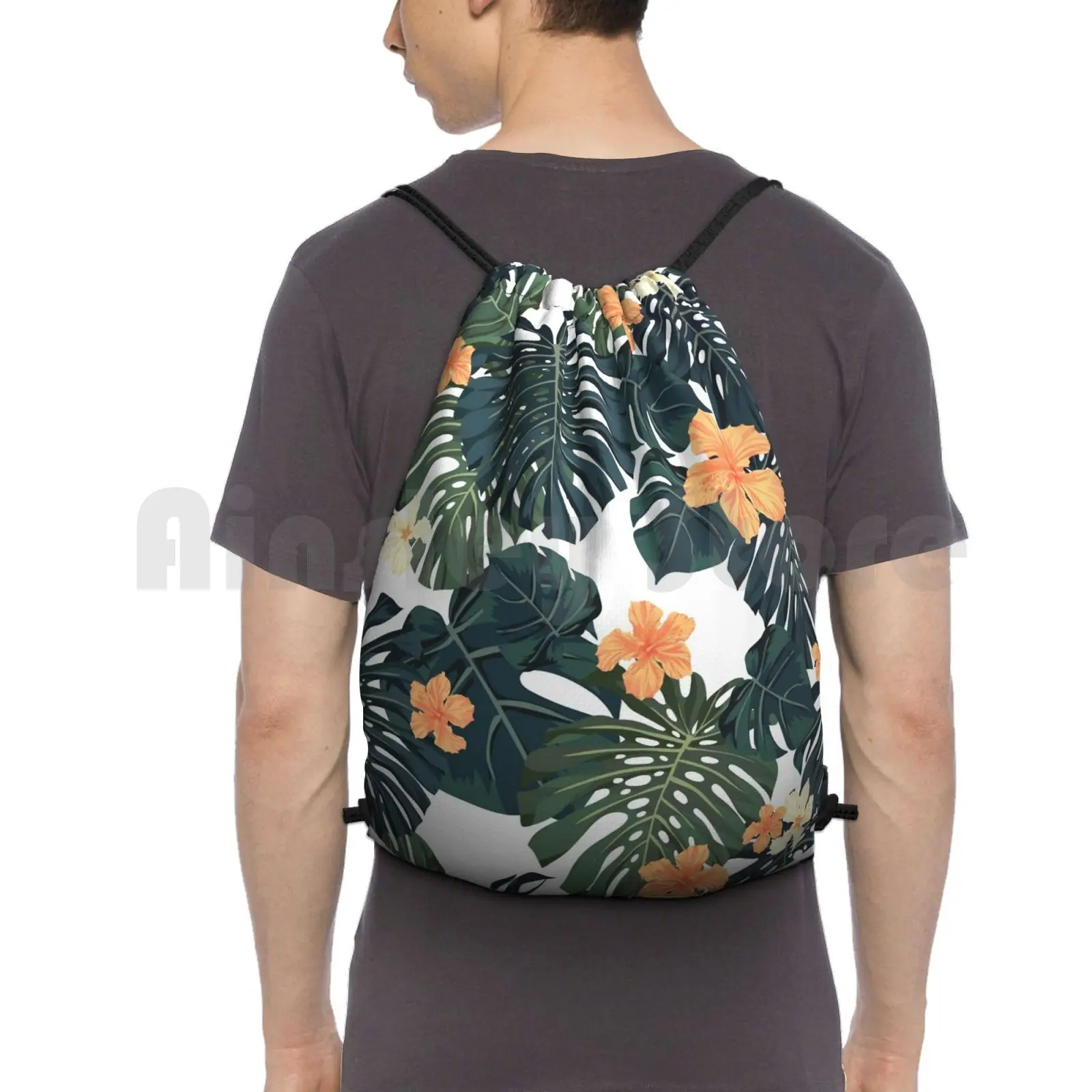 

Tropical Blossom Backpack Drawstring Bag Riding Climbing Gym Bag Tropical Palm Pattern Jungle Flower Flowers Leaf Floral