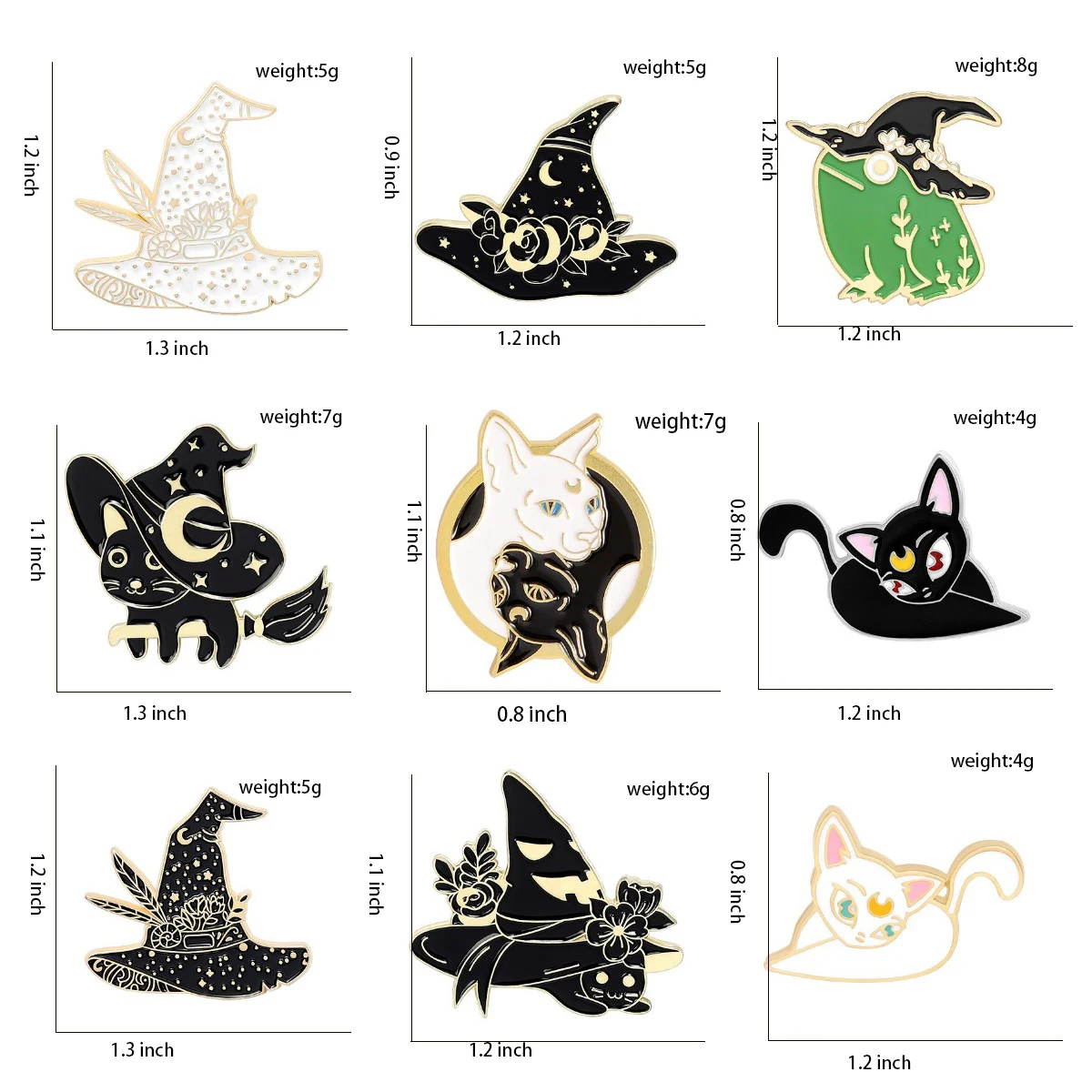 Witch Enamel Pins Collection Witch Hat and Cat Frog Pins Up Crescent Moon Black Gothic Lapel Pin Wiccan Brooches Witches Jewelry