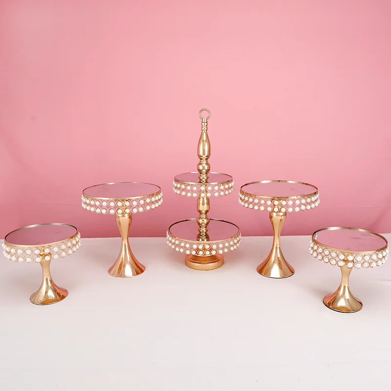 1-7pcs Gold Round Metal  Cake Stand Set  2tier Fruit trayCupcake Dessert Display with peral